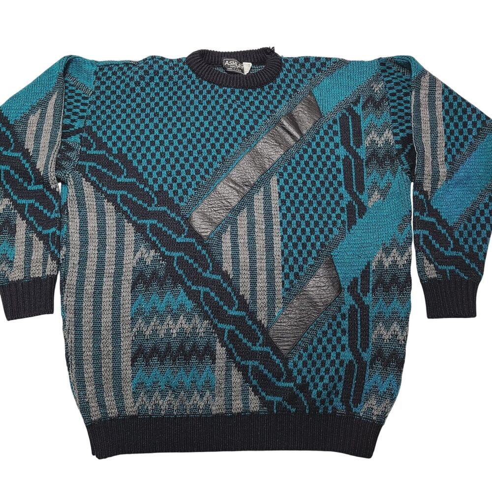 Vintage Ashley Knit Sweater Men's Large Leather Trim Geometric Made USA 90's